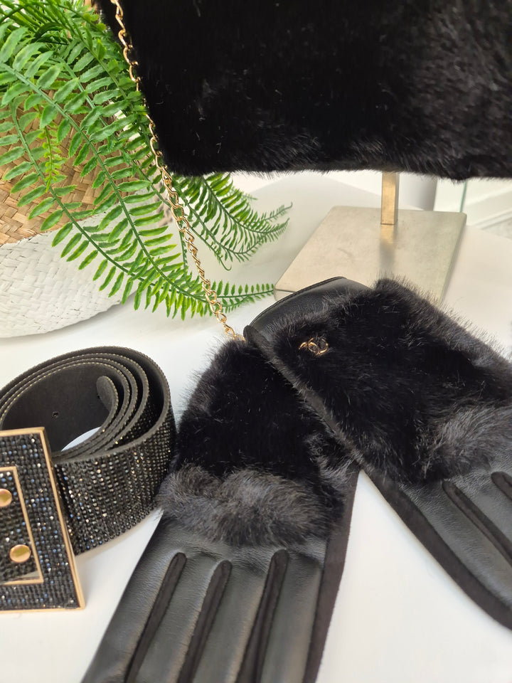 Oslo Gloves with Faux Leather & Faux Fur - Black with Gold Tone Logo