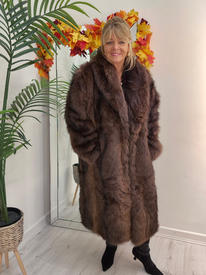 Oslo Fluffy Faux Fur Coat - Chocolate (choose your Size)