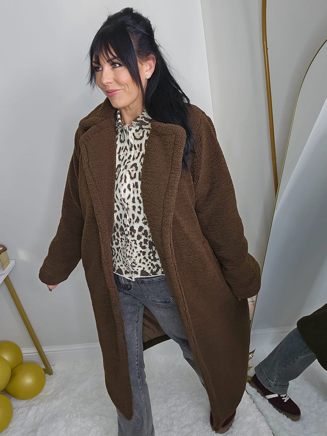 Manhattan Shearling Long Coat - Chocolate (One Size - fits Size 10/12 up to Size 18)