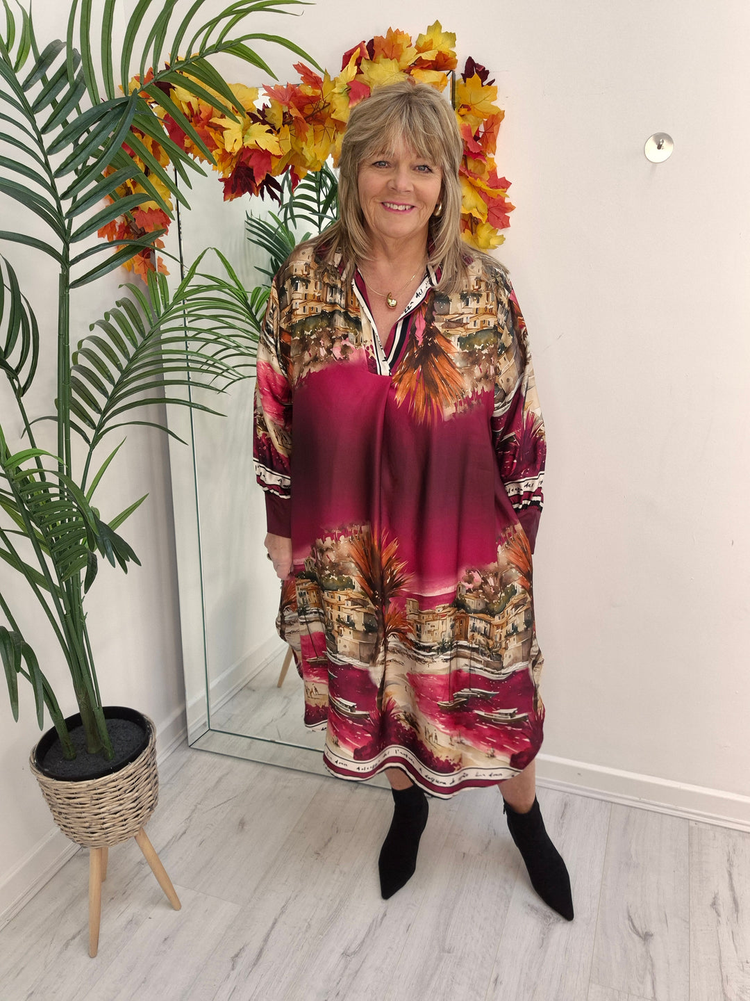 Amalfi Village Silk Dress - Wine - (One Size - fitting from Size 14 to Size 20)