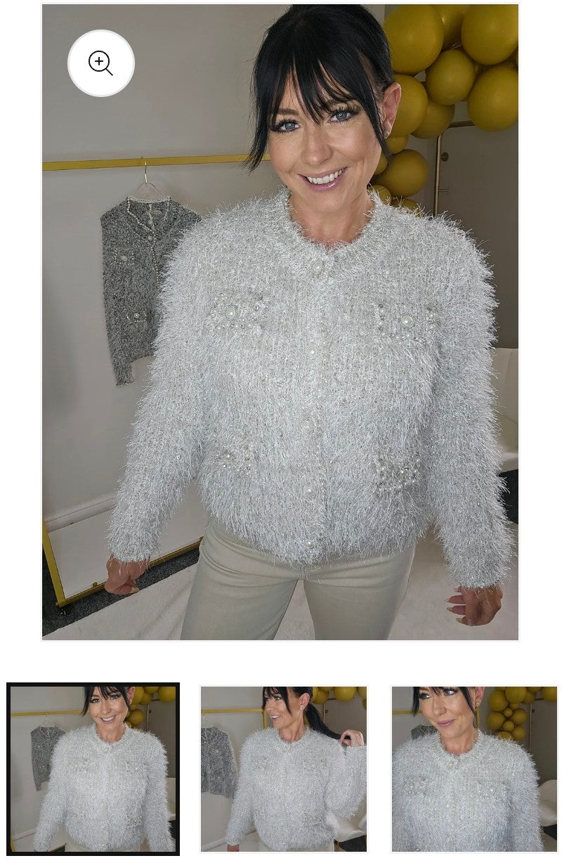 Paula Pearl & Crystal Eyelash Cardigan - (One Size fits up to Size 18) - Champagne/Silver