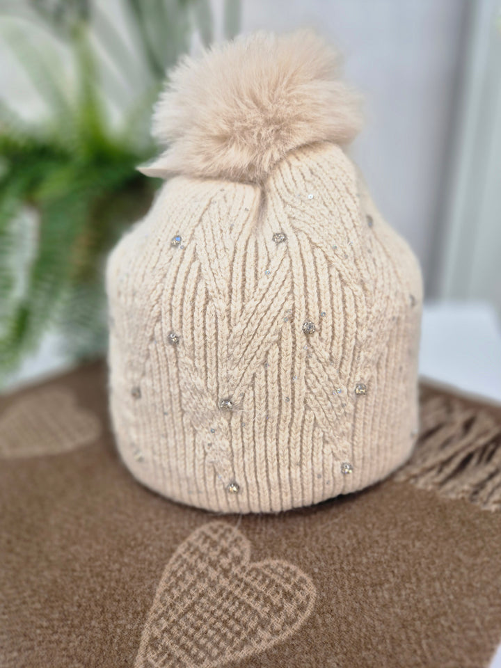 Oslo Fur Fur Pom Pom Hat with Crystals & Metallic Thread - Cream