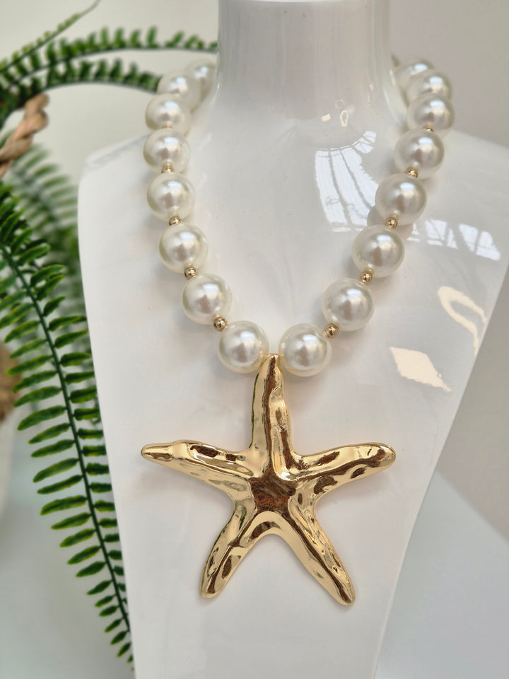 Starfish & Pearl Statement Necklace - Gold Tone