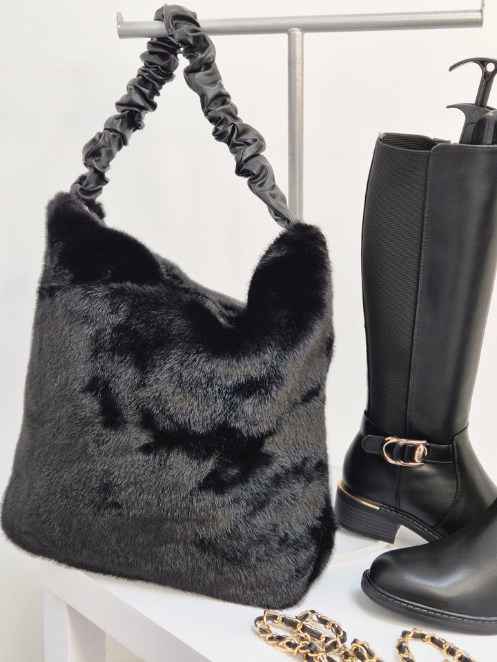Oslo Large Faux Fur Bag with Stretchy Faux Leather Handle - Black