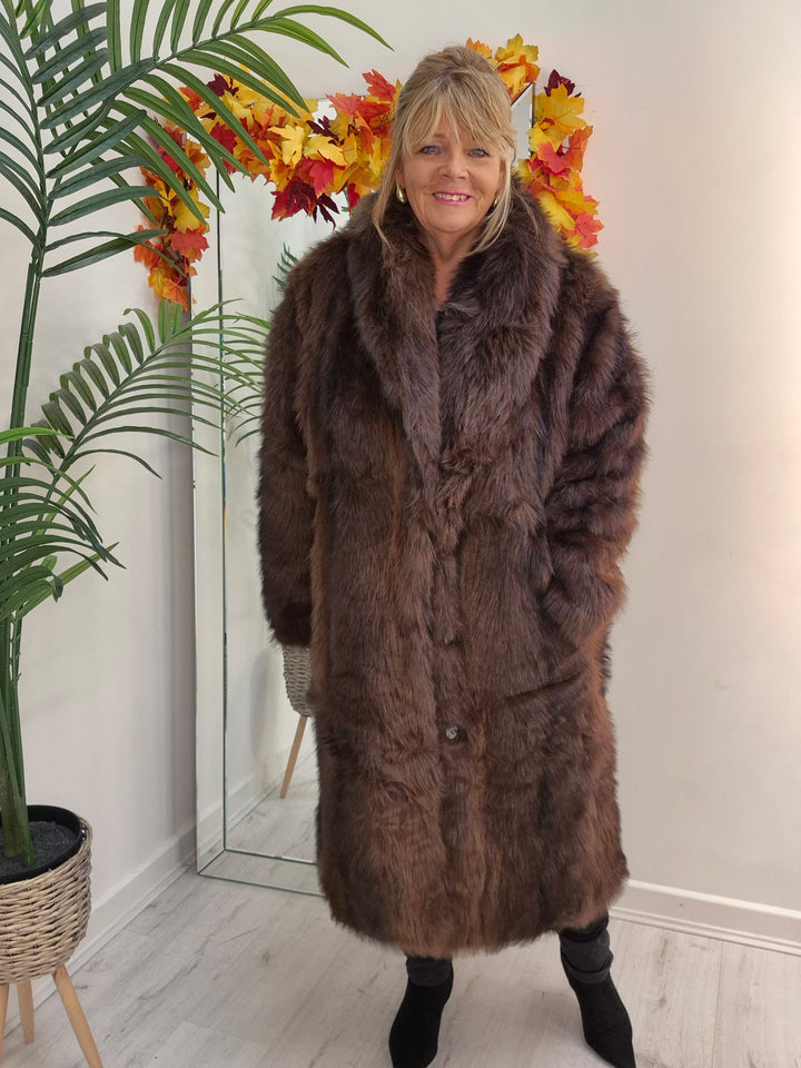 Oslo Fluffy Faux Fur Coat - Chocolate (choose your Size)