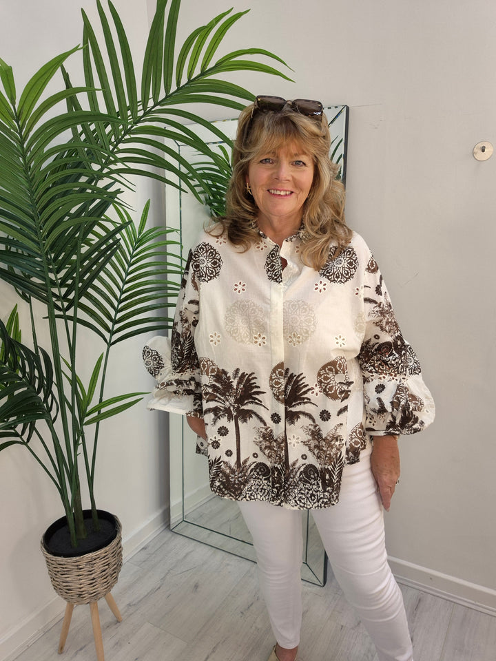 Zetta Otto Double Fluted Sleeve Blouse - White/ Chocolate - Palm (Oversized)