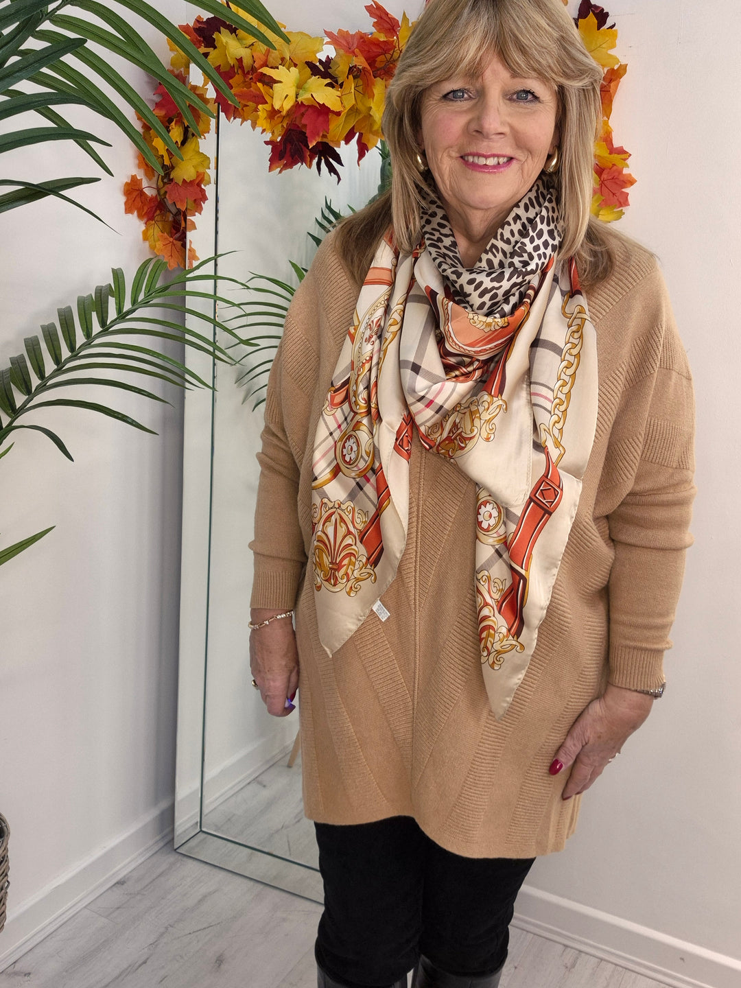 Silk Leopard Print & Checked Scarf - Beige Multi