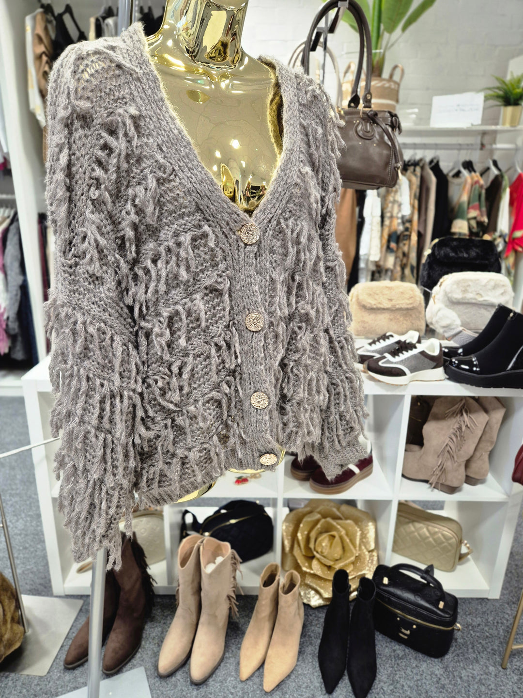 Shaggy Cardigan with Gold Buttons (Oversized) Long Length - Mocha