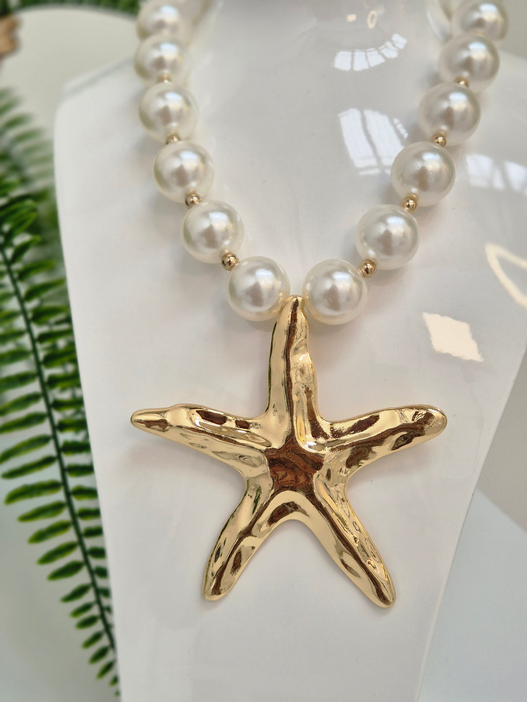 Starfish & Pearl Statement Necklace - Gold Tone