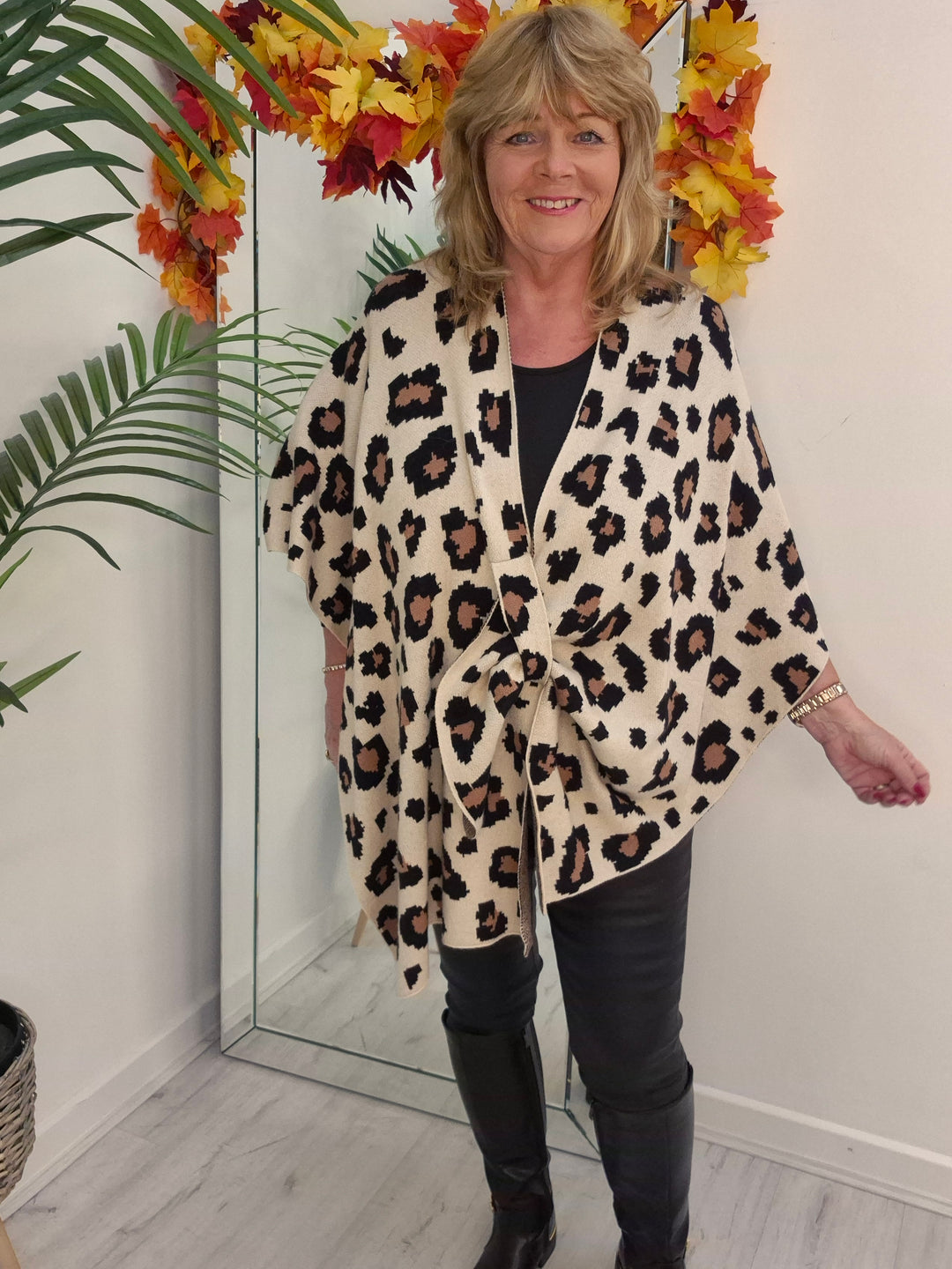 Leopard Super Soft Poncho/Wrap - Latte (One Size/Curvy Size from 12 up to Size 20)