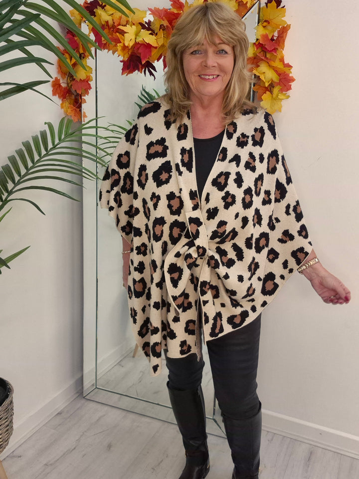 Leopard Super Soft Poncho/Wrap - Latte (One Size/Curvy Size from 12 up to Size 20)