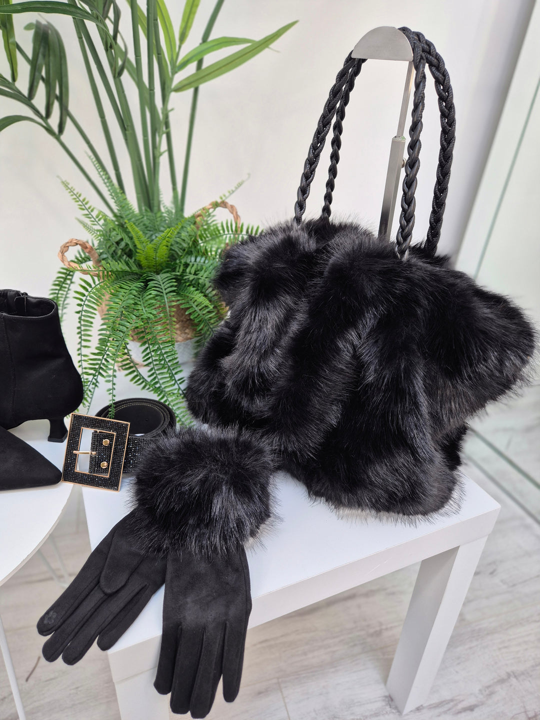 Oslo Faux Fur Bag with Dual Handles - Black (Large Size)