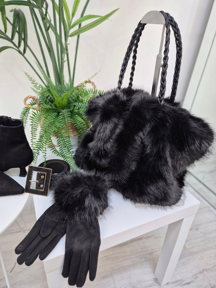 Oslo Faux Fur Bag with Dual Handles - Black (Large Size)