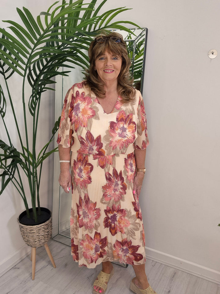 Samara Midi Dress - Pink/Cream Floral  - (choose your Size)