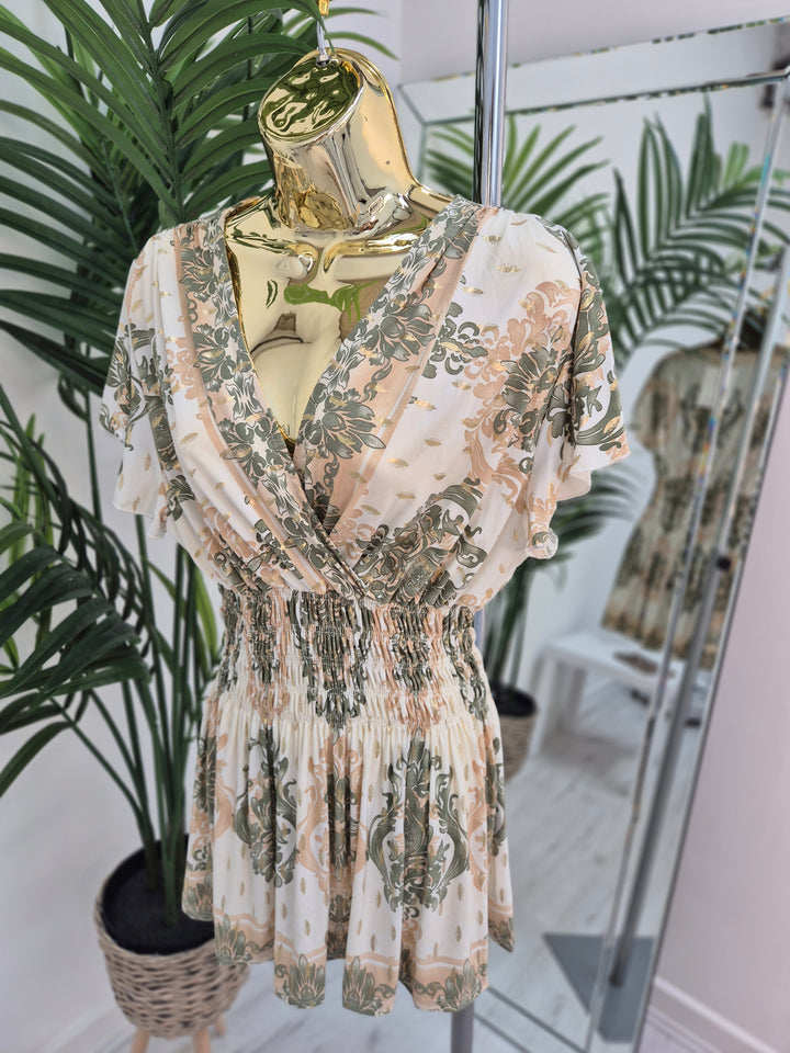 Nikki Top (One Size - fits up to Size 16/18) - Sage/Gold Paisley