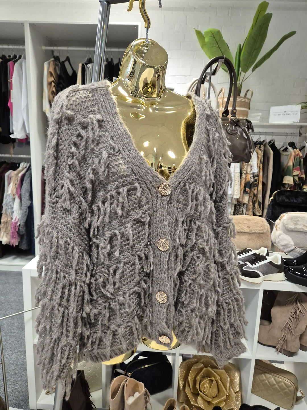 Shaggy Cardigan with Gold Buttons (Oversized) Long Length - Mocha