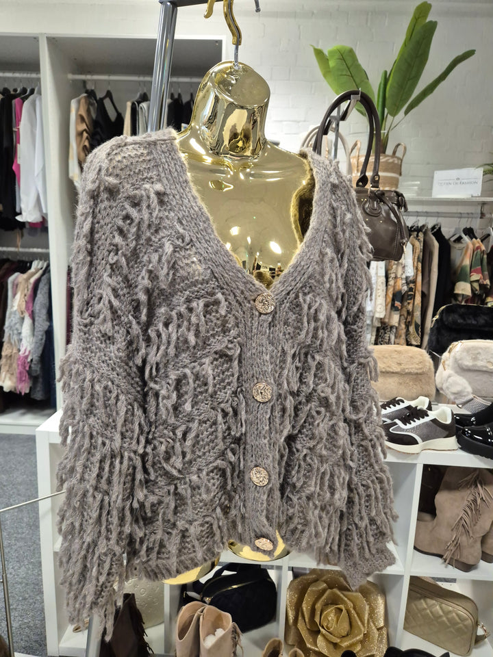 Shaggy Cardigan with Gold Buttons (Oversized) Long Length - Mocha