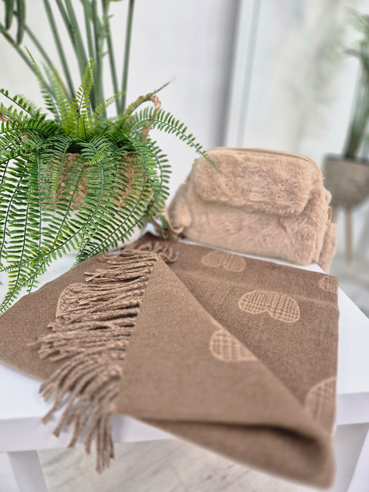 Hearts Oversized Scarf with Fringing - Chocolate