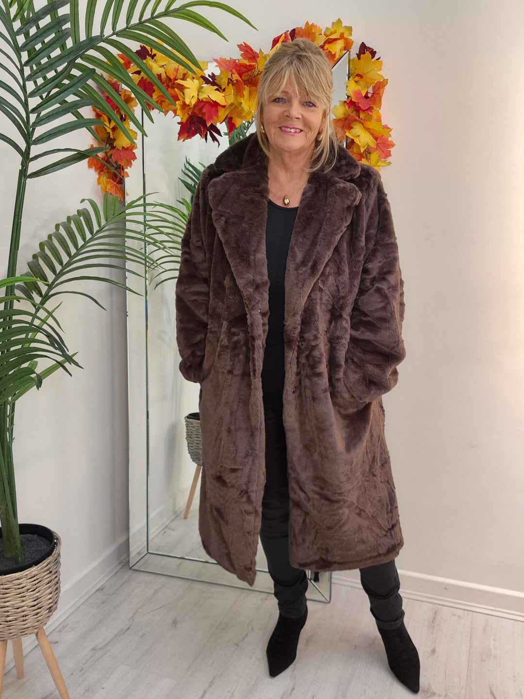 Oslo Faux Fur Longline Coat - Chocolate (choose your Size)