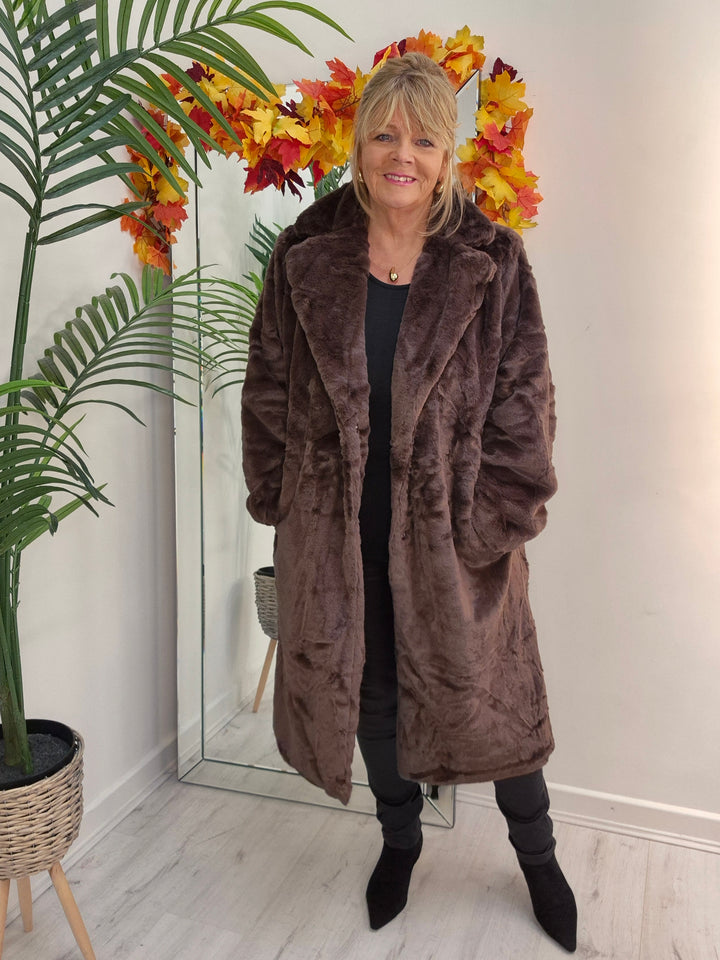Oslo Faux Fur Longline Coat - Chocolate (choose your Size)