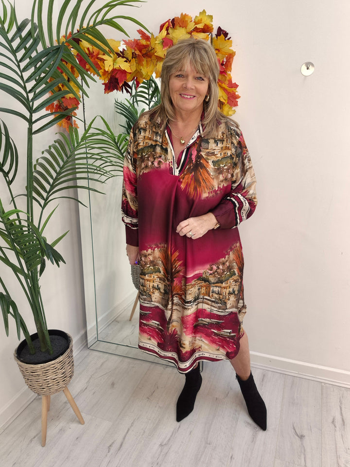 Amalfi Village Silk Dress - Wine - (One Size - fitting from Size 14 to Size 20)