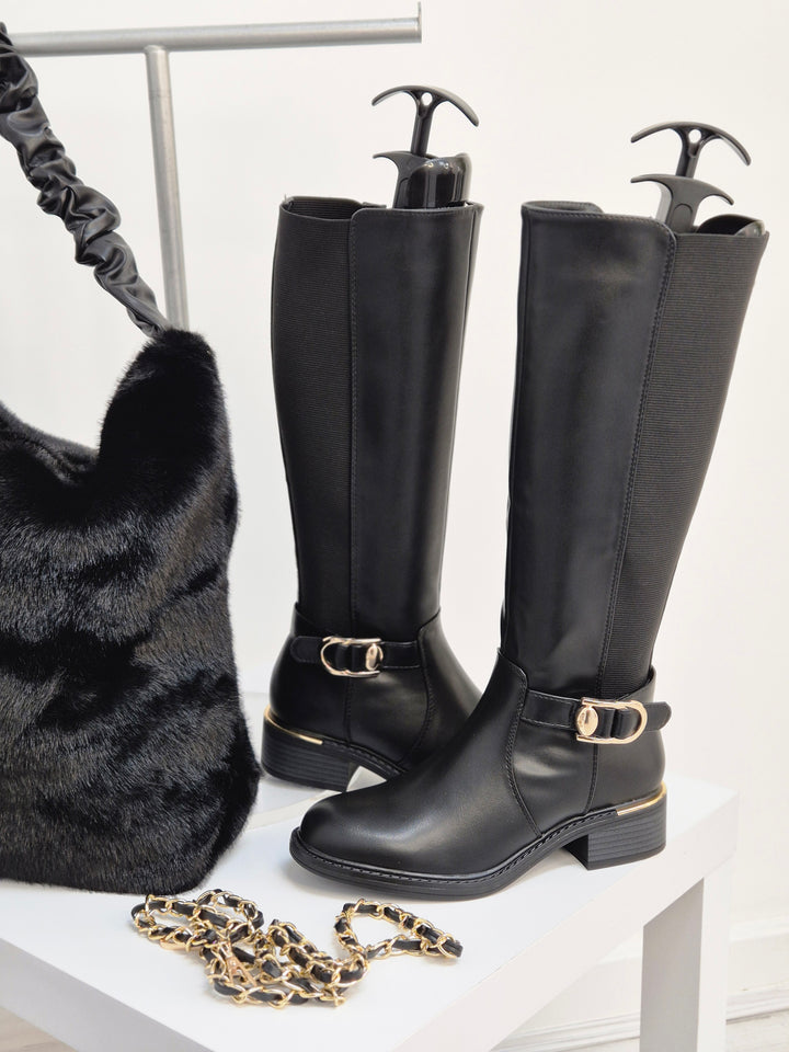 Oslo Large Faux Fur Bag with Stretchy Faux Leather Handle - Black