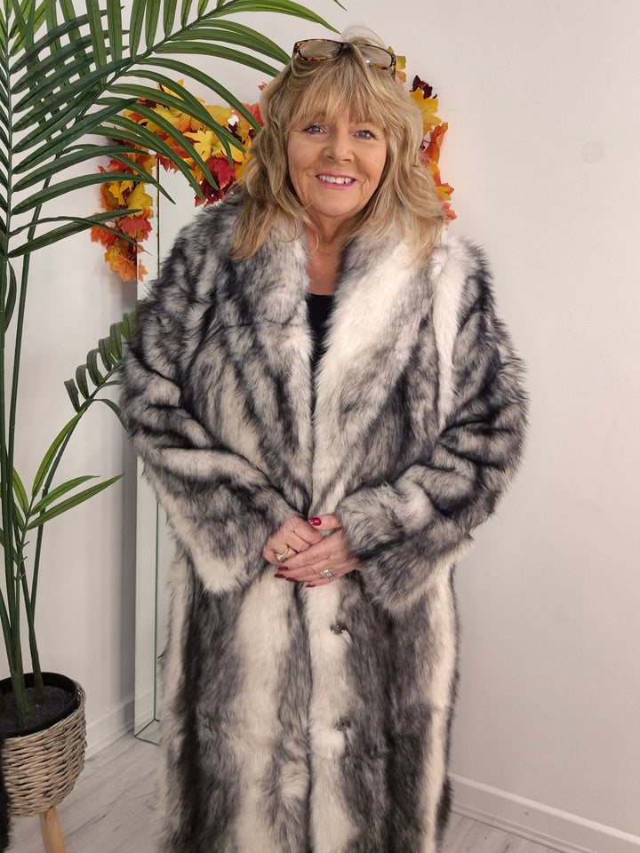 Oslo Faux Fur Longline Coat - White/Silver Grey (One Size - fitting Size 10 up to Size 16/18)