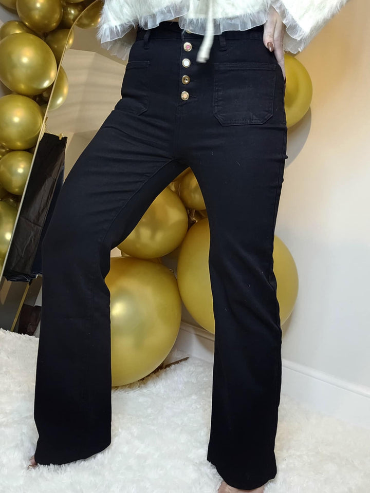 Folyrose Wide Leg Jeans with Buttons - Black - (choose your Size)