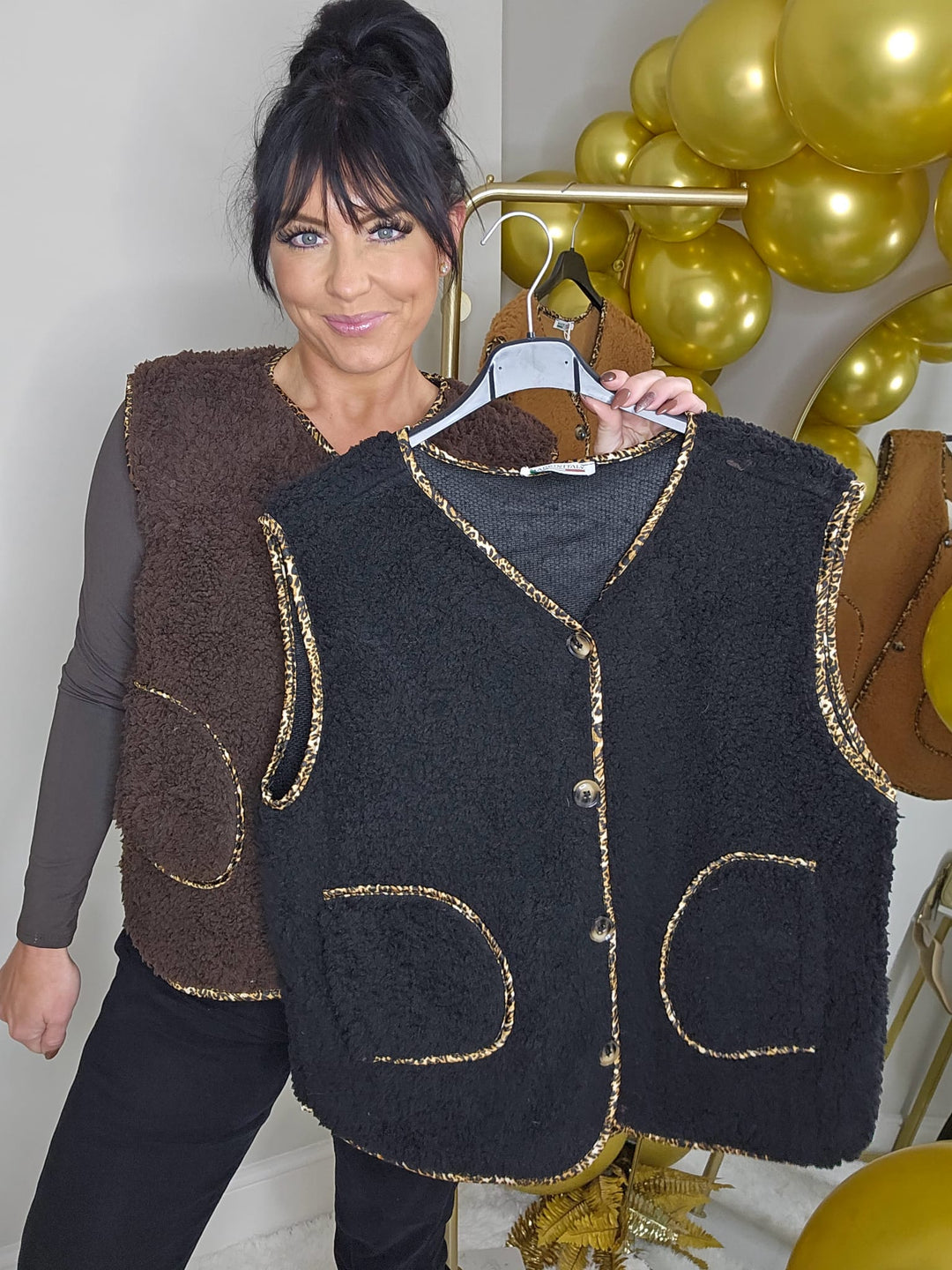 Teddy Waistcoat with Leopard Trim - (One Size fits from Size 8 to Size 16) - Black
