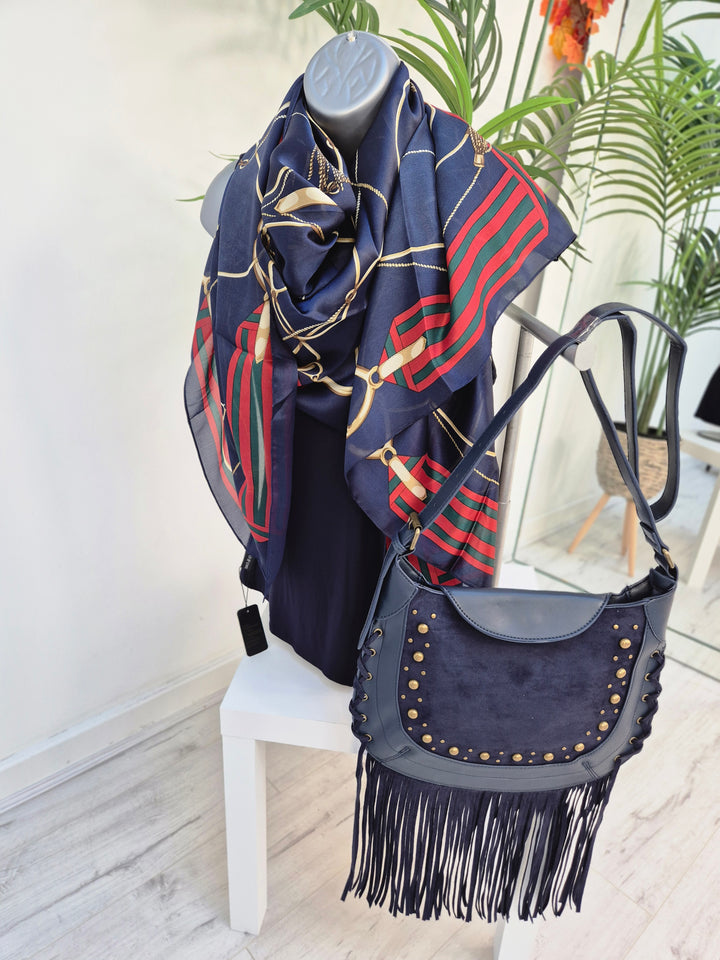 Farley Studded & Tassel Saddle Bag - Navy