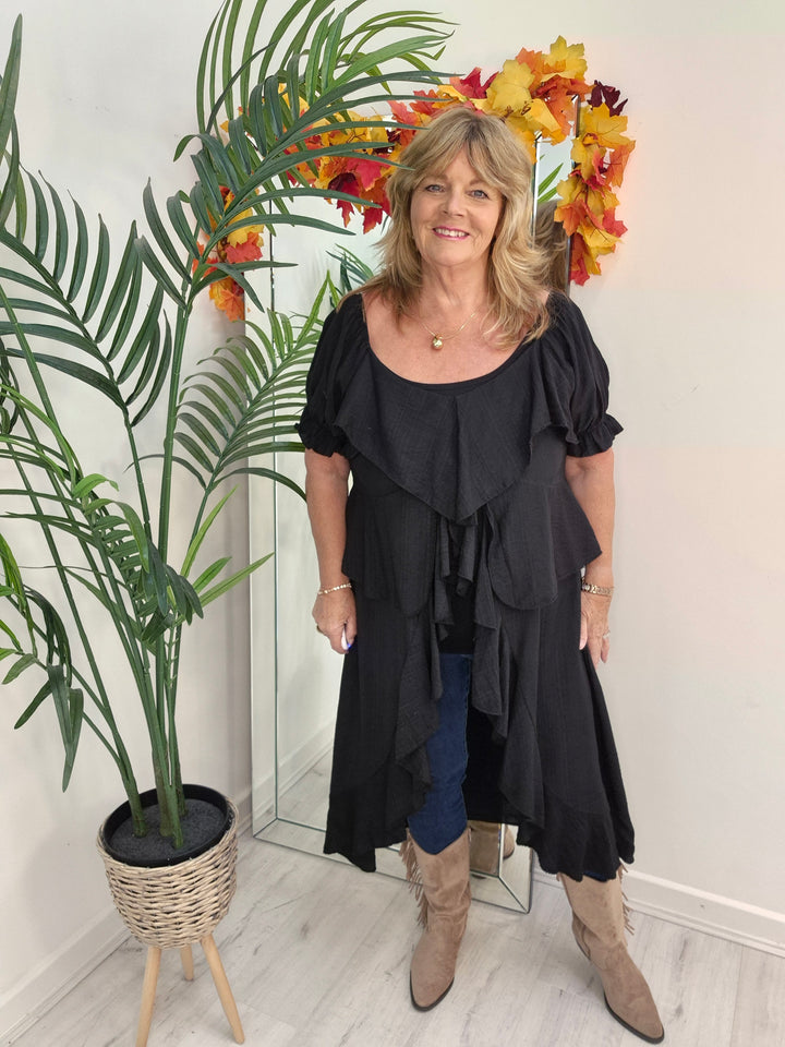 Rhea Ruffle Hi Lo Blouse - Black - One Size fits up to Size 16/18