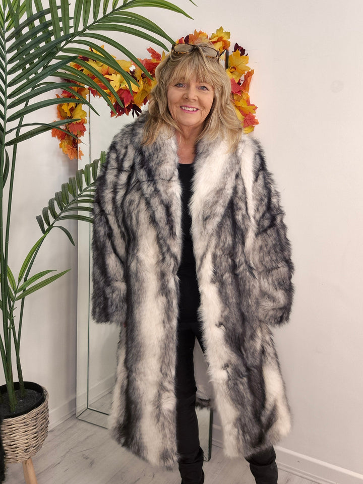 Oslo Faux Fur Longline Coat - White/Silver Grey (One Size - fitting Size 10 up to Size 16/18)