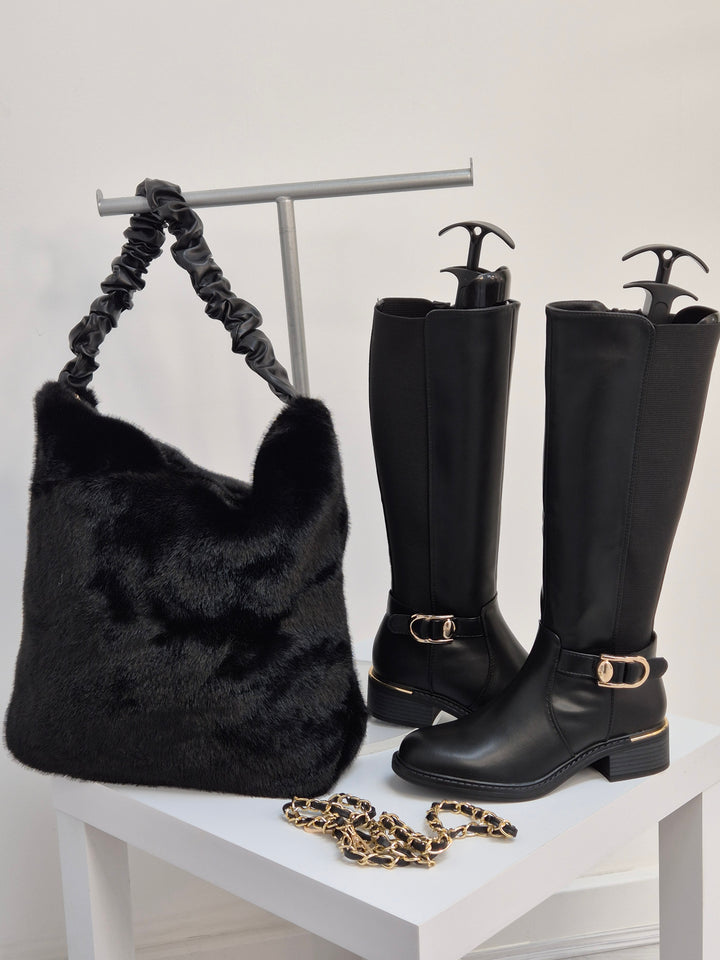 Oslo Large Faux Fur Bag with Stretchy Faux Leather Handle - Black