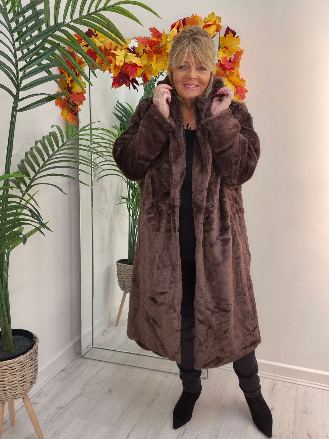 Oslo Faux Fur Longline Coat - Chocolate (choose your Size)