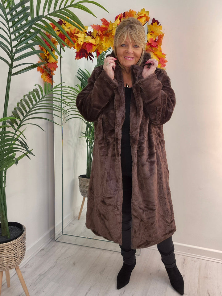 Oslo Faux Fur Longline Coat - Chocolate (choose your Size)