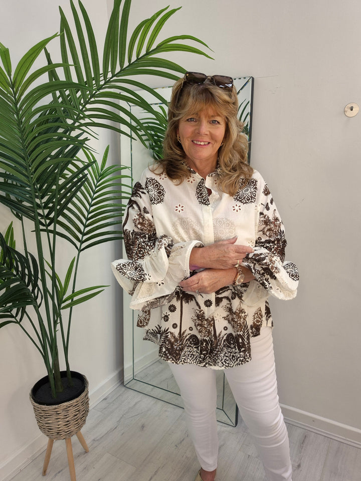 Zetta Otto Double Fluted Sleeve Blouse - White/ Chocolate - Palm (Oversized)