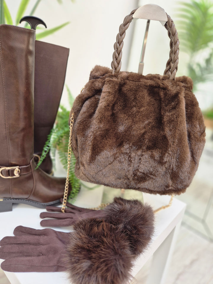 Oslo Faux Fur Bag with Gold Chain - Chocolate