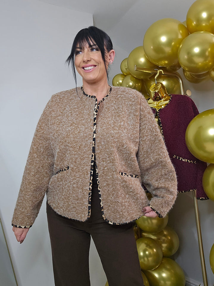 Kiara Edge to Edge Jacket with Leopard Trim (One Size fits from Size 8 to Size 16) - Camel