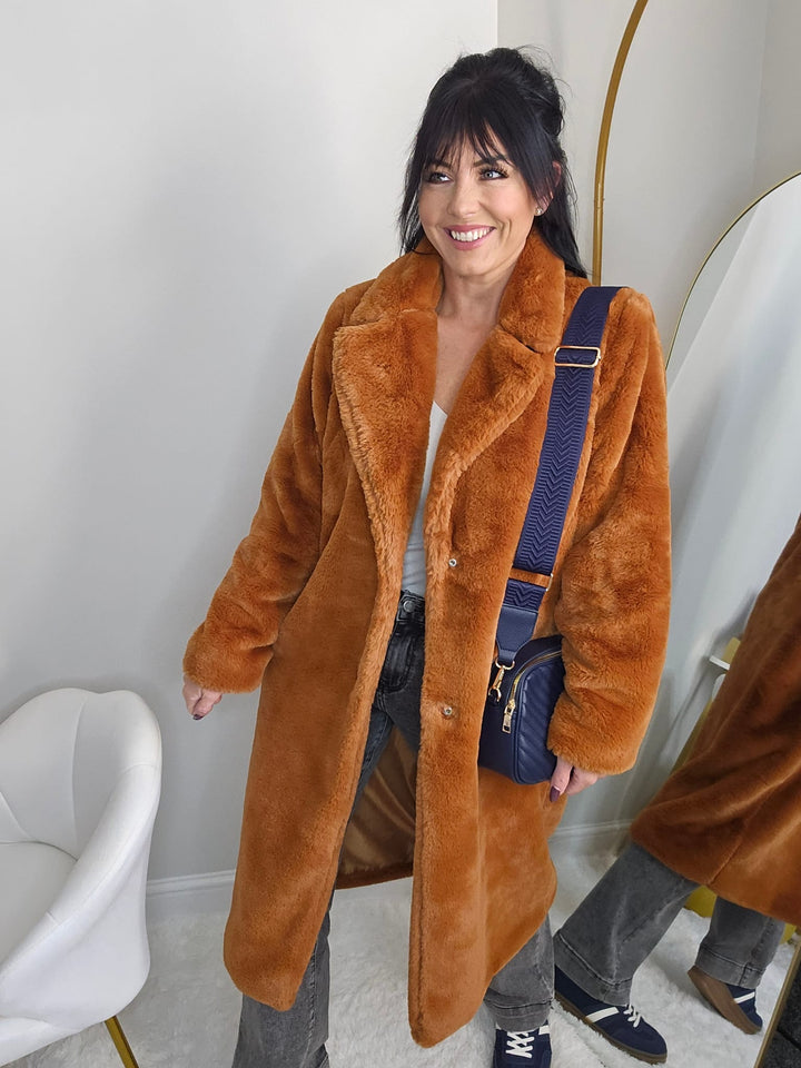 Oslo Faux Fur Longline Coat - Rust (One Size - fits from Size 10 up to Size 16)