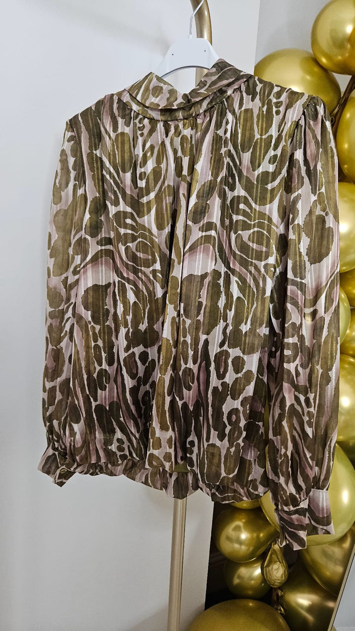 Vicky High Neck Shimmer Blouse - (One Size fits from Size 8/10 up to Size 16) - Olive