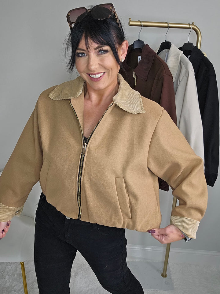 Betsy Bomber Jacket with Cord Collar (One Size) - Camel