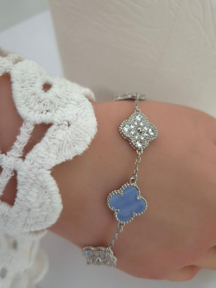 Clover Necklace, Earrings & Bracelet (choose your item) - Blue in Silver Tone