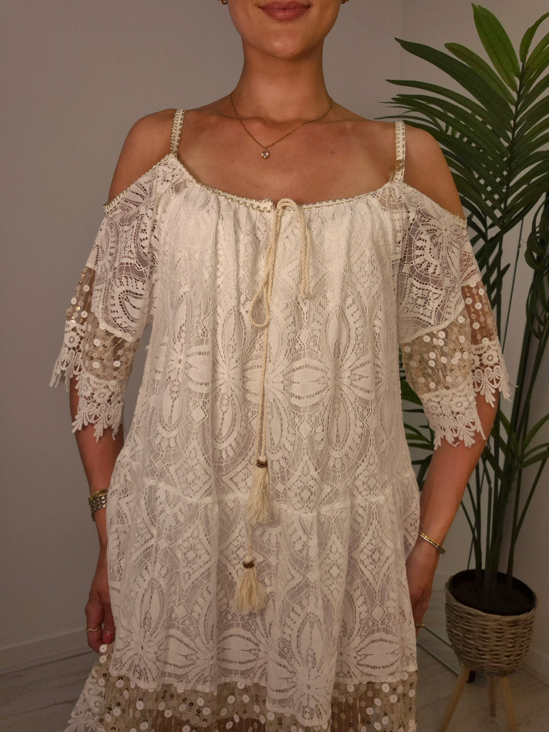 Ibiza Strappy Dress with Cold Shoulder - White/Gold