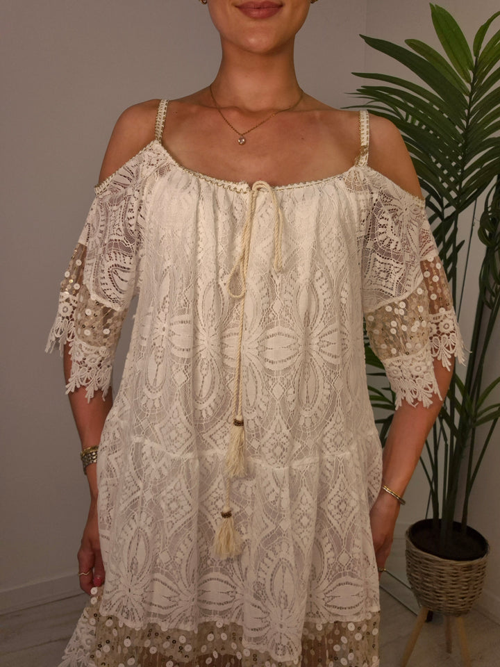 Ibiza Strappy Dress with Cold Shoulder - White/Gold
