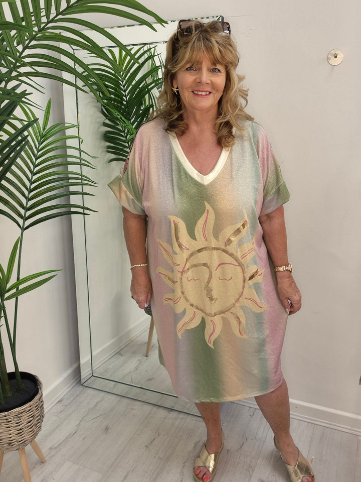 Carla Shimmer Dress - Sunshine with Palms (Loose Fit)