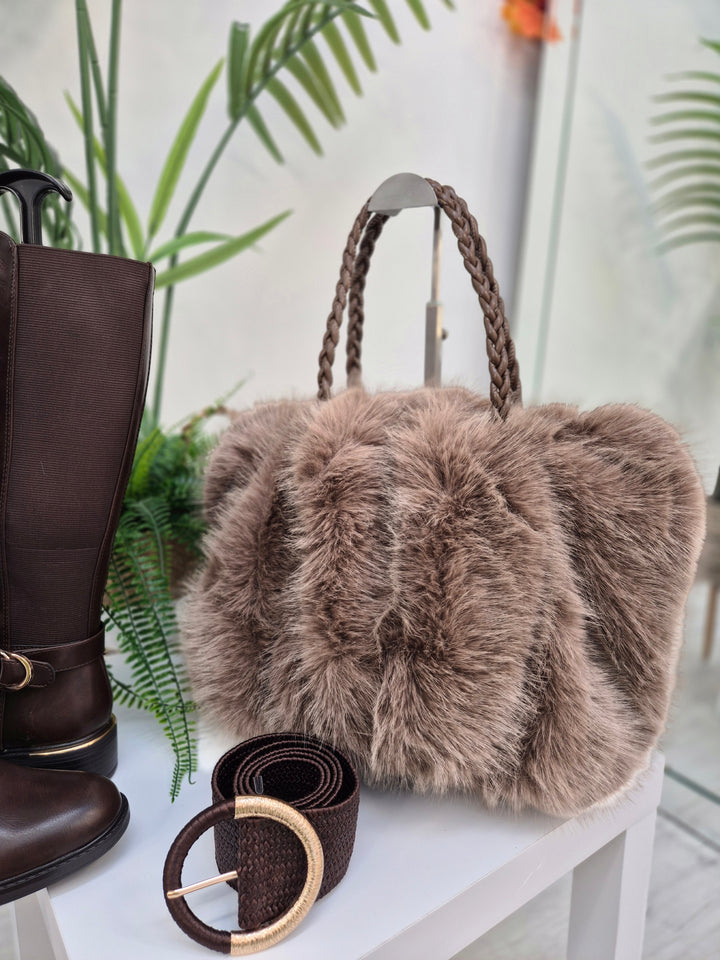 Oslo Faux Fur Bag with Dual Handles - Chocolate (Large Size)