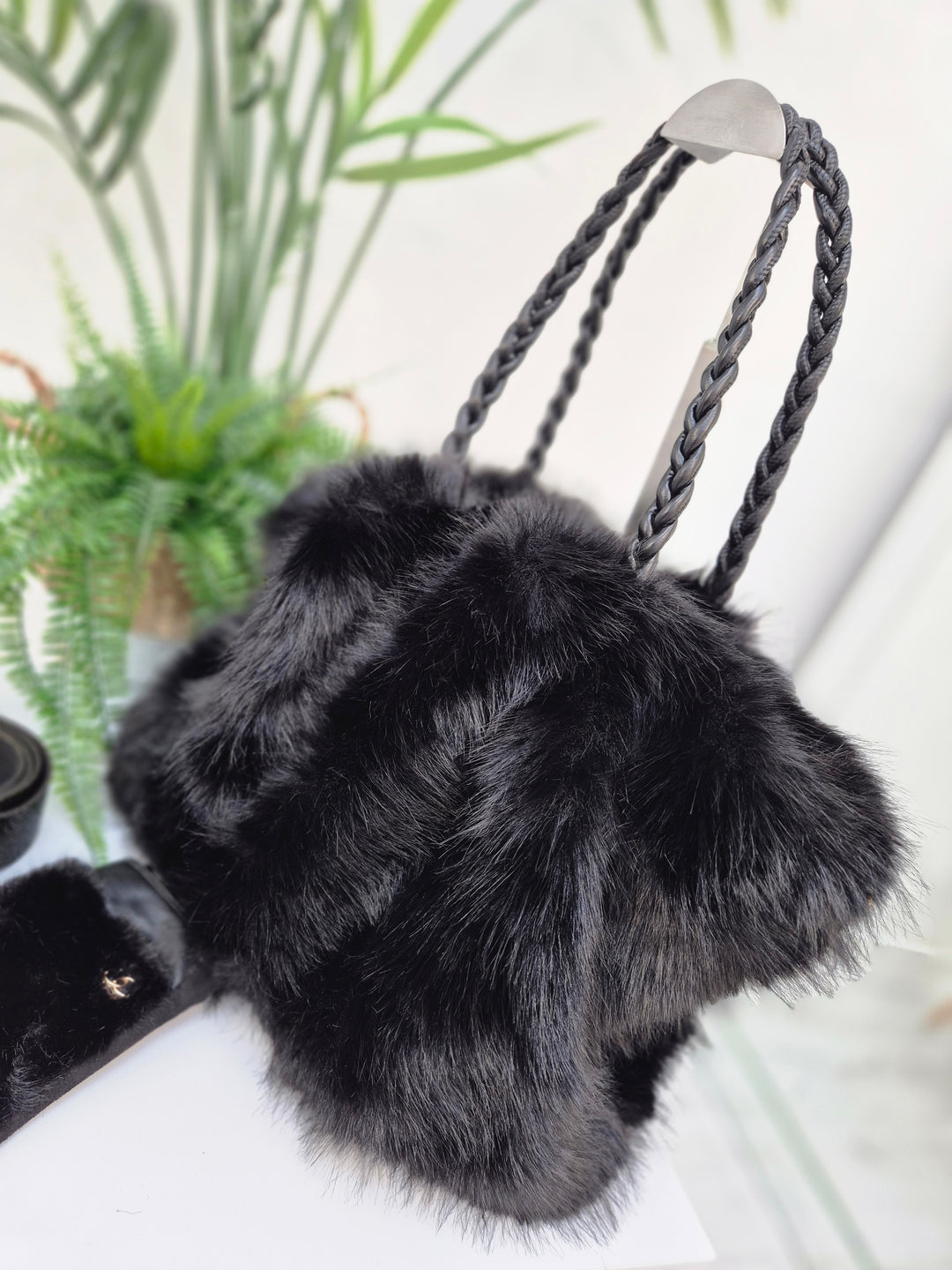 Oslo Faux Fur Bag with Dual Handles - Black (Large Size)