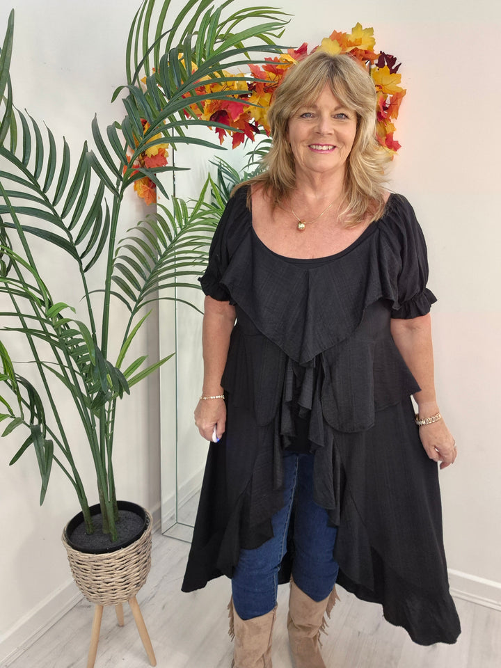 Rhea Ruffle Hi Lo Blouse - Black - One Size fits up to Size 16/18