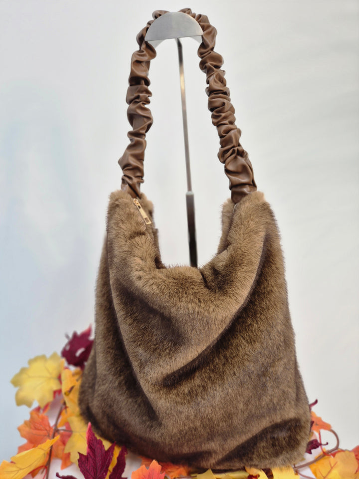 Oslo Large Faux Fur Bag with Stretchy Faux Leather Handle - Chocolate