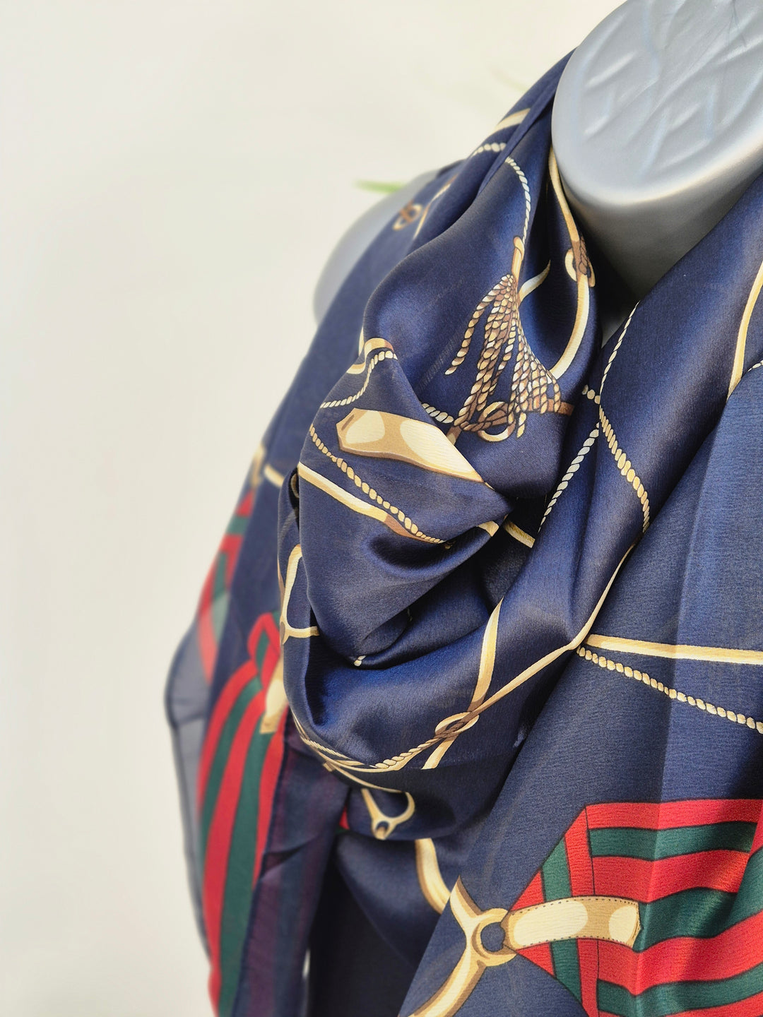 Oversized Silk Chain Print Scarf - Navy/Gold
